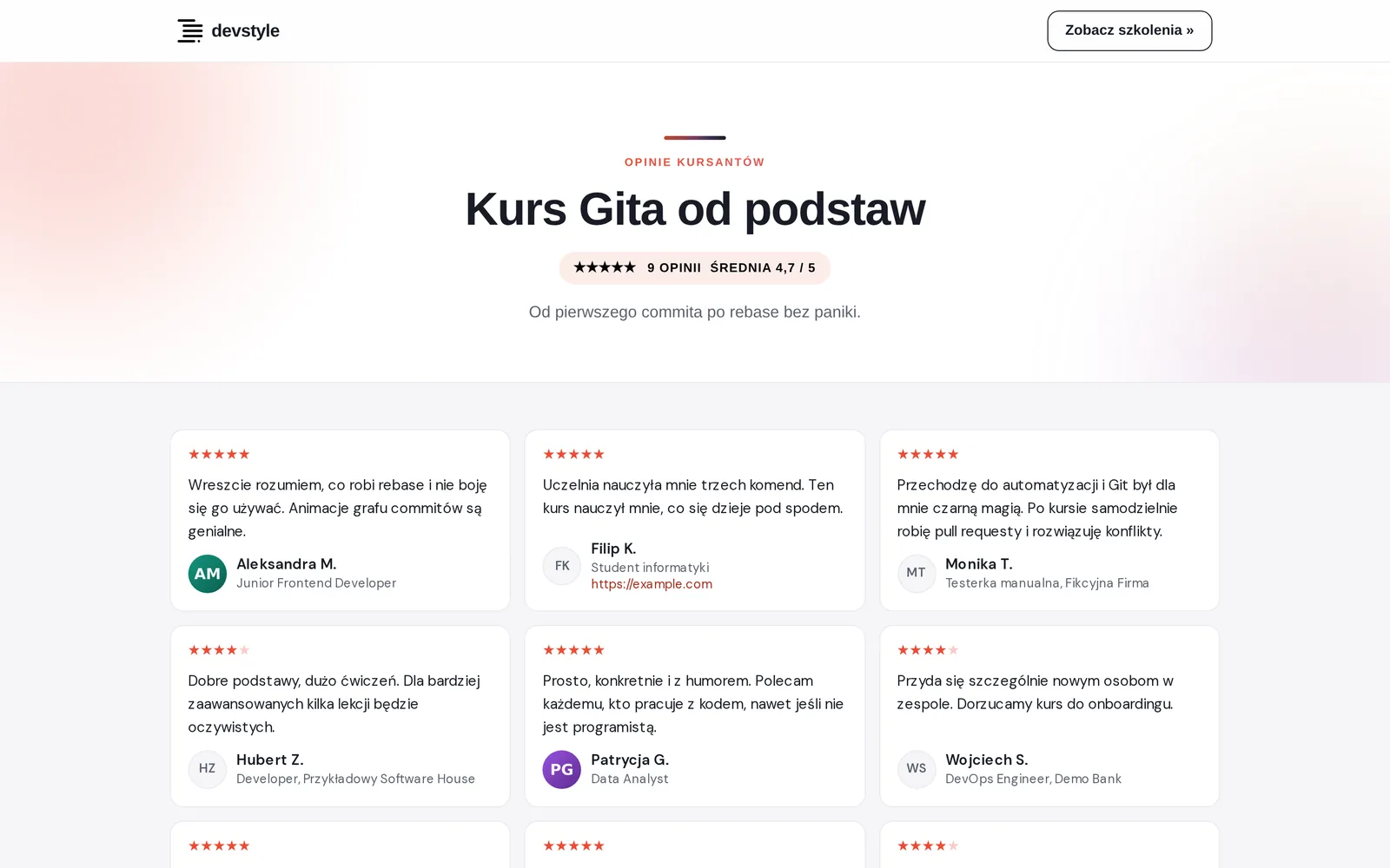 Publiczna strona opinii VoxStyle: nagłówek z liczbą opinii i średnią oceną, a pod nim siatka kart z opiniami kursantów