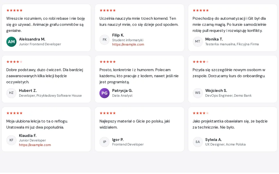 Opinie w układzie kafel: siatka kart z oceną, treścią i autorem
