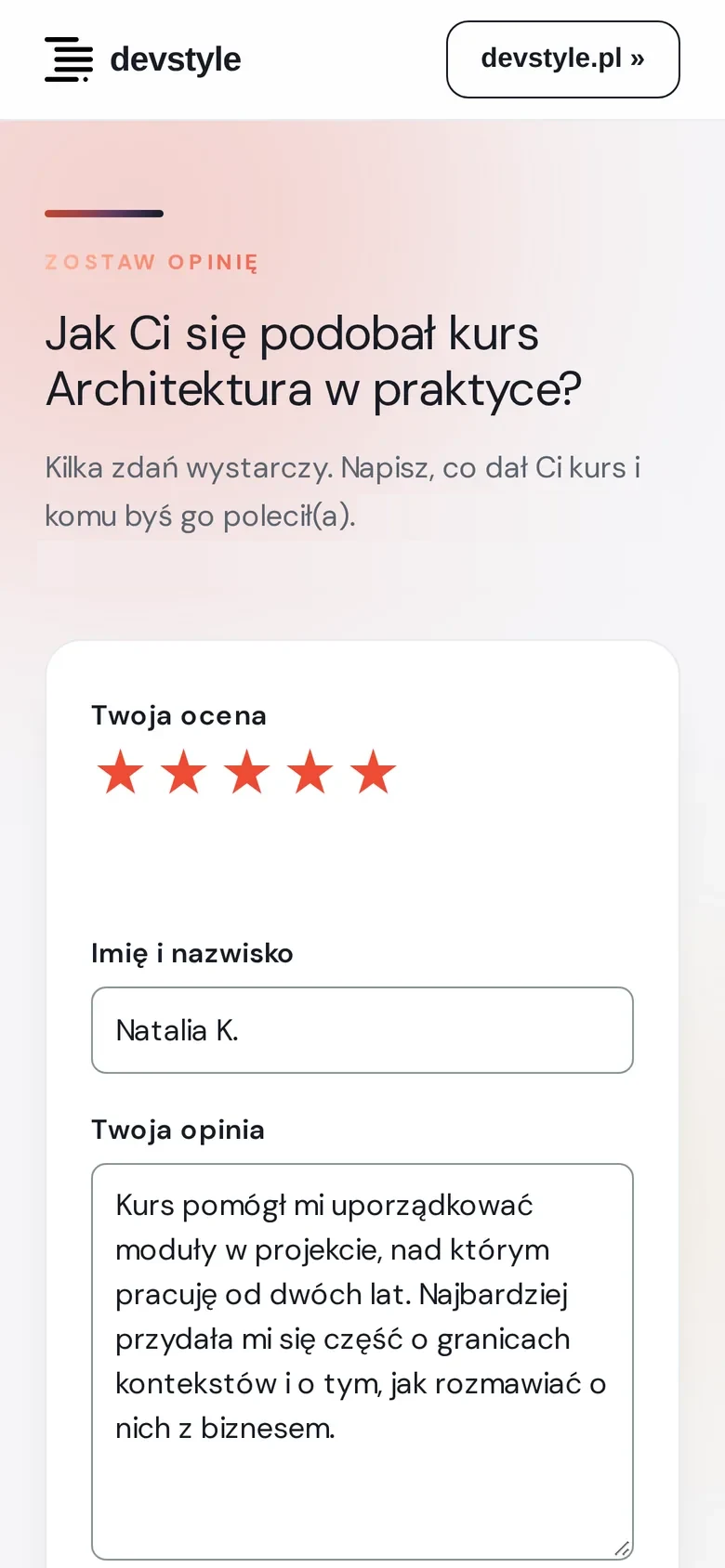 Formularz opinii VoxStyle na telefonie
