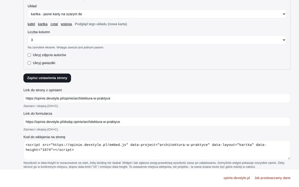 Ustawienia strony projektu w panelu VoxStyle: układ, liczba kolumn, linki do strony i formularza oraz gotowy kod embeda